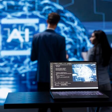 Focus on laptop running AI cognitive computing tech used by IT staff members-30